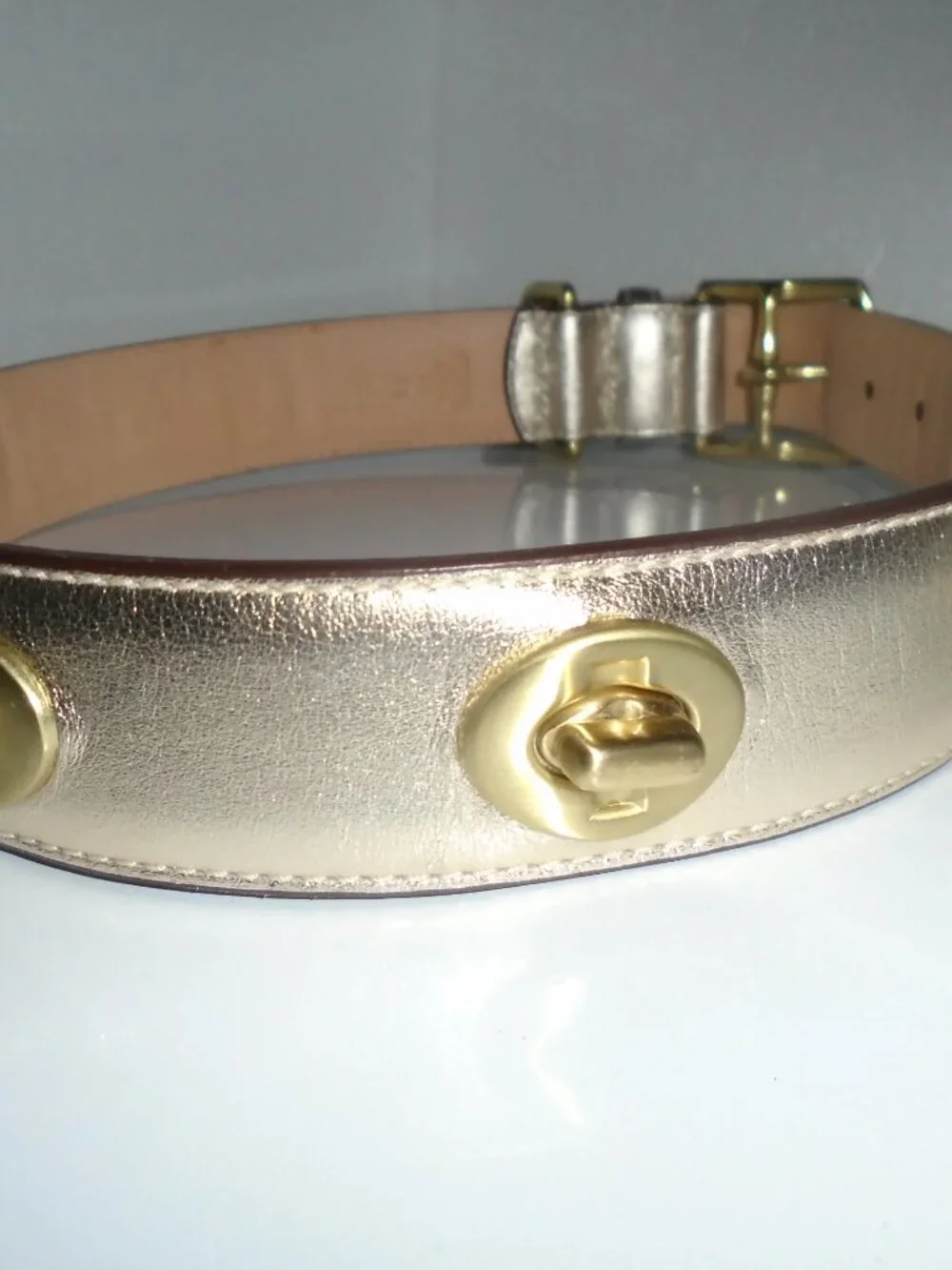 NEW VINTAGE Y2K COACH GOLD LEATHER BRASS TURNLOCK PET DOG COLLAR 60095 SIZE XL